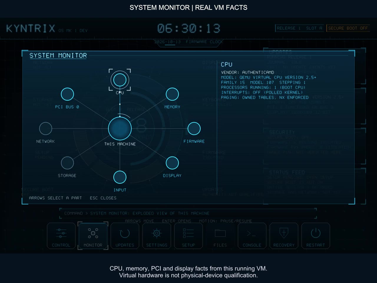 Kyntrix OS development build system monitor running in a virtual machine